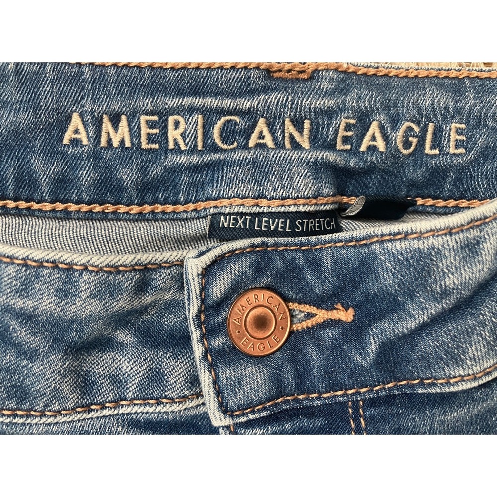 American Eagle Womens High Waisted Blue Distressed Skinny Jeans Long Size 14 - Picture 3 of 10